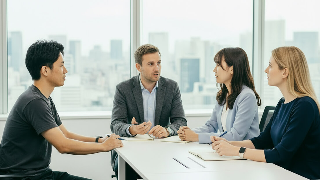 会議室で4人が打ち合わせをしている様子