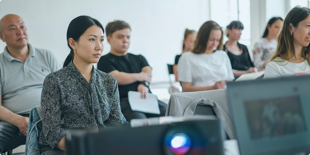 研修に参加して、講師の説明を聞いている社員達の様子