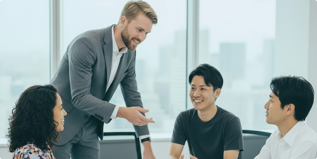 笑顔で会話している4人。男性一人が立って話している。