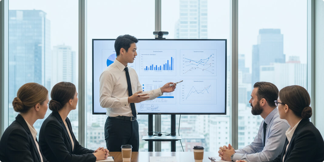 モニターを指しながらプレゼンしている男性と聞いている4人の参加者