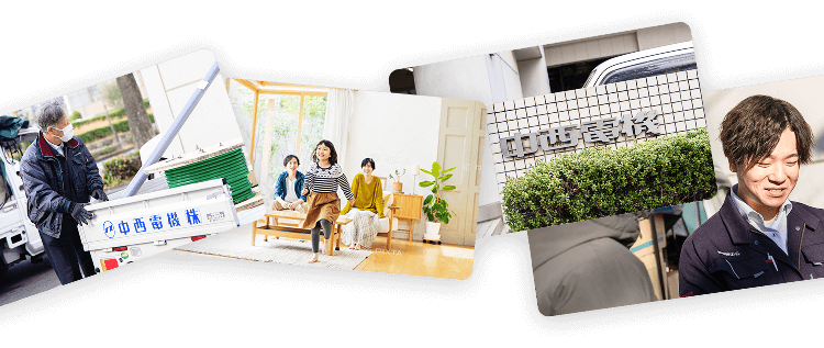 住宅設備の施工風景やご家族の暮らし、本社看板と社員の様子をまとめたイメージ写真