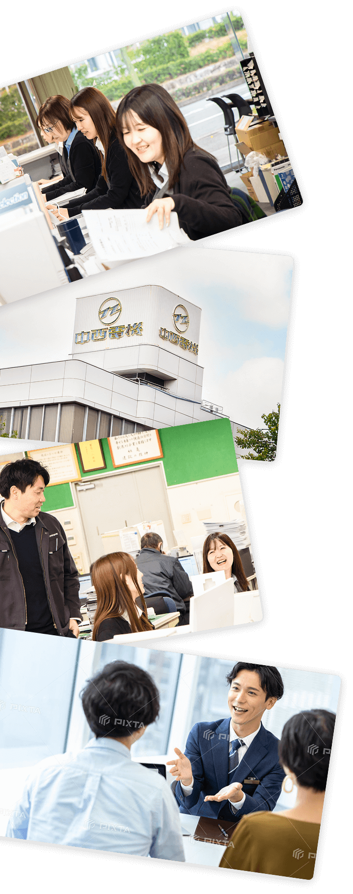 社内業務や打ち合わせの様子と本社外観をまとめたイメージ写真