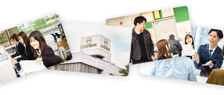 社内業務や打ち合わせの様子と本社外観をまとめたイメージ写真