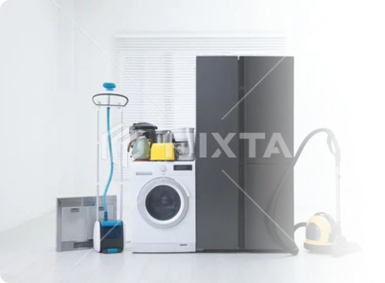 洗濯機や冷蔵庫などの家電製品と清掃機器が並ぶ設備イメージ